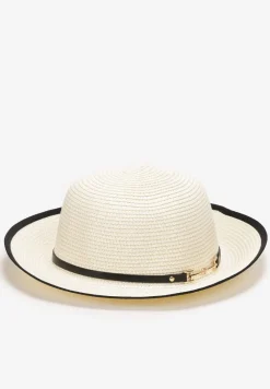 Beżowy Pleciony Kapelusz z Ozdobnym Paskiem Fluzia