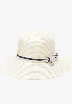 Beżowy Pleciony Kapelusz z Szerokim Rondem i Kontrastową Taśmą Paccea