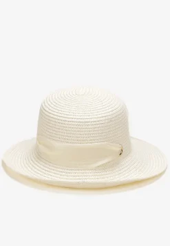 Beżowy Pleciony Kapelusz z Kokardką i Szerokim Rondem Maronia