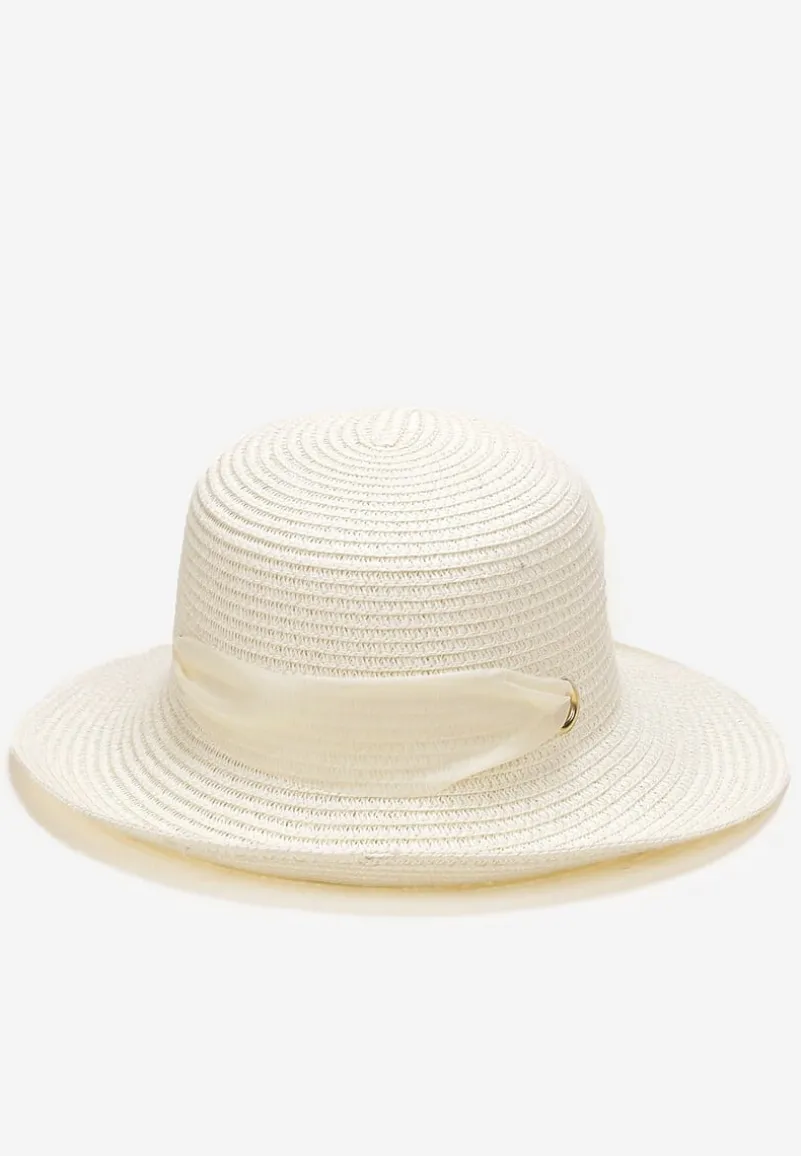 Beżowy Pleciony Kapelusz z Kokardką i Szerokim Rondem Maronia