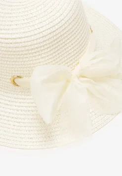 Beżowy Pleciony Kapelusz z Kokardką i Szerokim Rondem Maronia