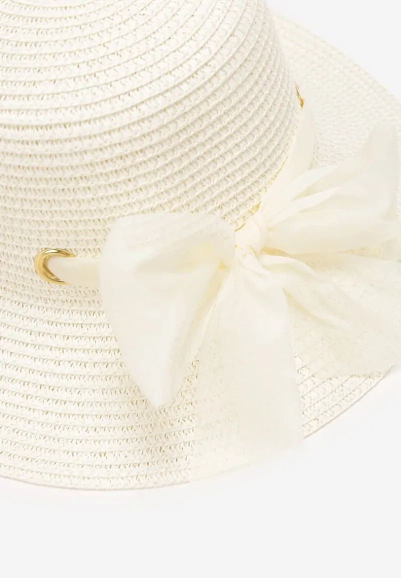 Beżowy Pleciony Kapelusz z Kokardką i Szerokim Rondem Maronia
