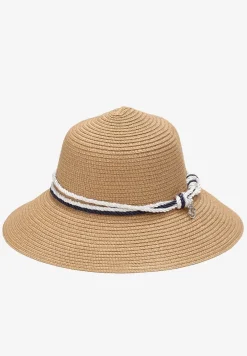 Beżowy Pleciony Kapelusz z Szerokim Rondem i Kontrastową Taśmą Paccea