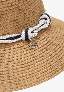 Beżowy Pleciony Kapelusz z Szerokim Rondem i Kontrastową Taśmą Paccea