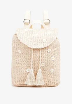 Beżowy Pleciony Plecak z Klapą w Kwiatowy Wzór Zdobiony Frędzlami Lunalisea