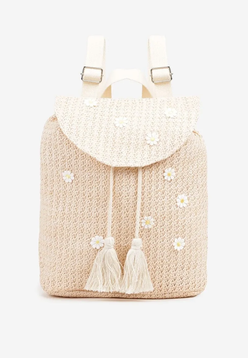 Beżowy Pleciony Plecak z Klapą w Kwiatowy Wzór Zdobiony Frędzlami Lunalisea