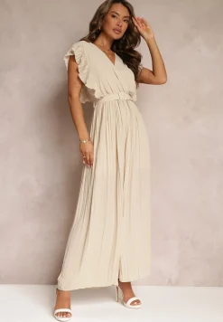 Beżowy Plisowany Kombinezon z Falbankami i Szerokimi Nogawkami Jarina