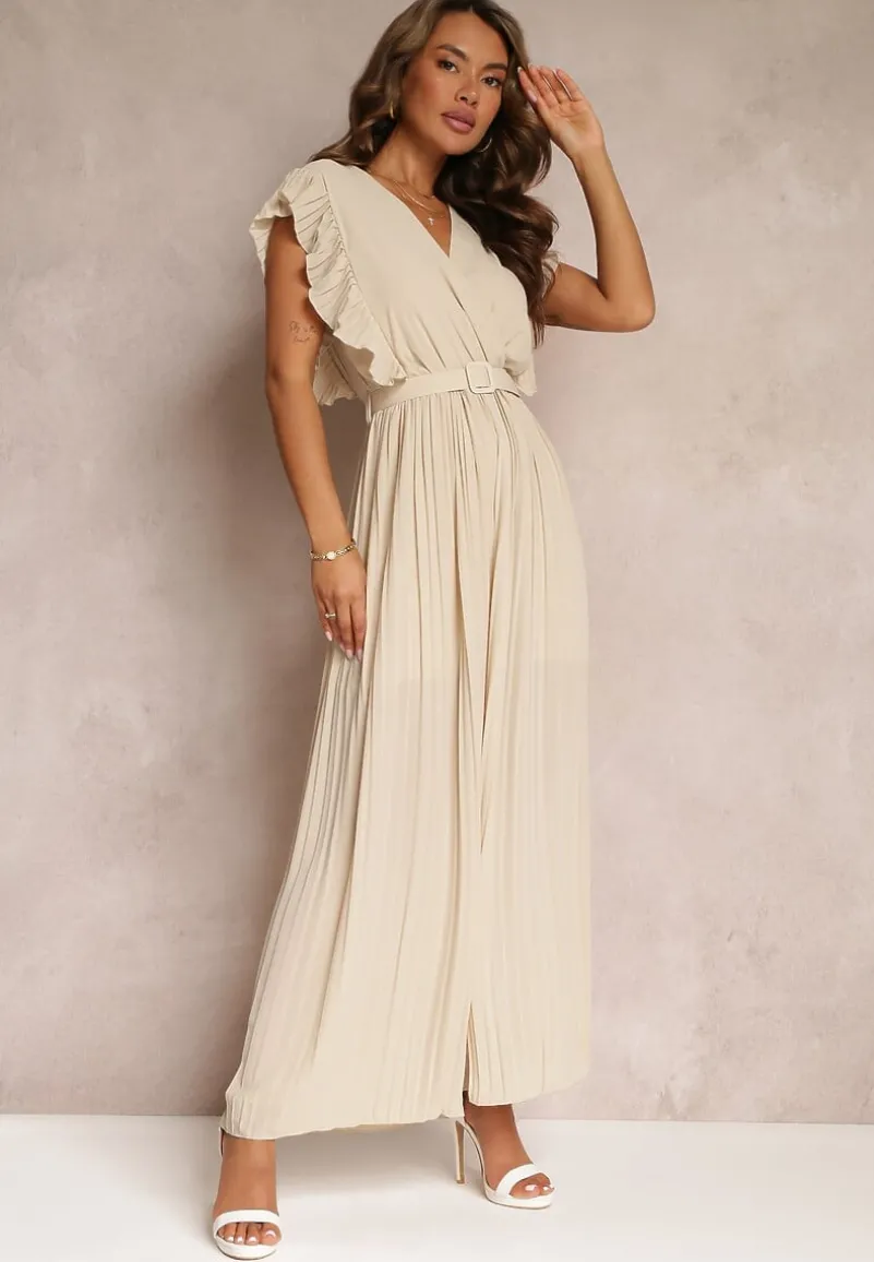 Beżowy Plisowany Kombinezon z Falbankami i Szerokimi Nogawkami Jarina