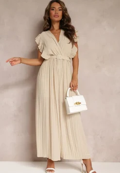 Beżowy Plisowany Kombinezon z Falbankami i Szerokimi Nogawkami Jarina