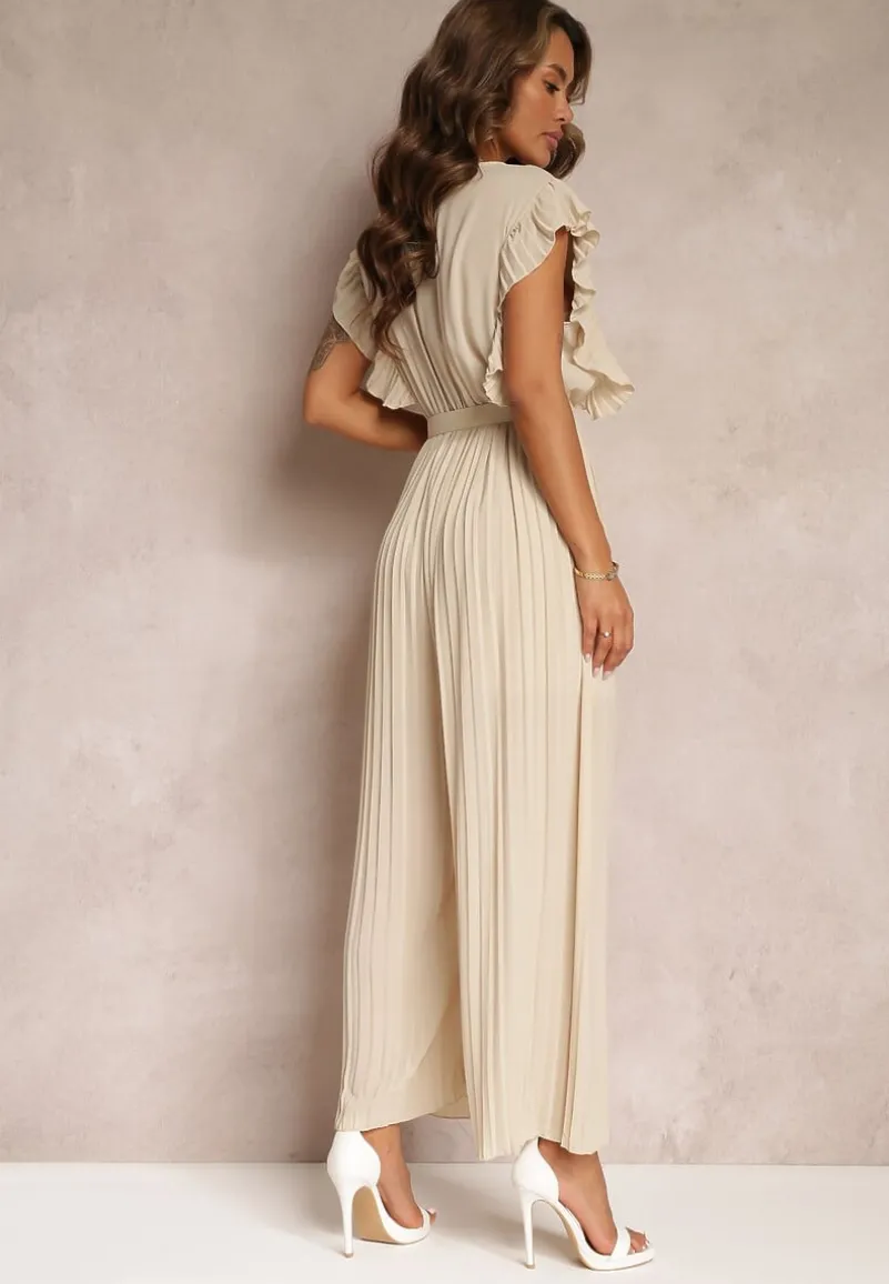 Beżowy Plisowany Kombinezon z Falbankami i Szerokimi Nogawkami Jarina