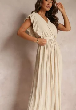 Beżowy Plisowany Kombinezon z Falbankami i Szerokimi Nogawkami Jarina