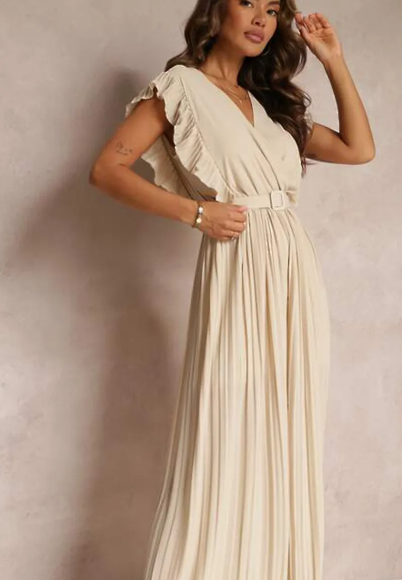 Beżowy Plisowany Kombinezon z Falbankami i Szerokimi Nogawkami Jarina