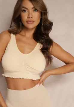 Beżowy Sportowy Biustonosz Wykończony Marszczeniem z Wyjmowanymi Miseczkami Nevetisha