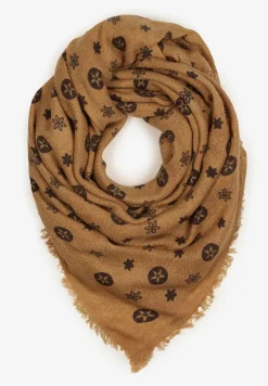 Beżowy Szalik Ozdobiony Geometrycznym Motywem z Frędzlami Nomirya