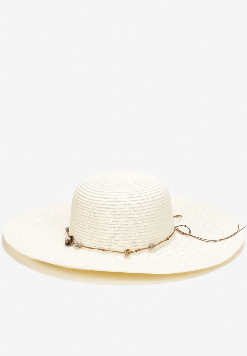 Beżowy Szeroki Kapelusz Pleciony ze Sznurkiem z Kamyczkami Chira