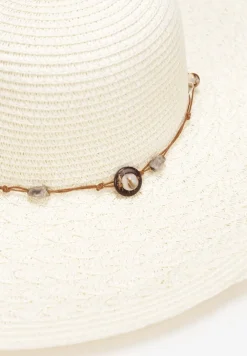 Beżowy Szeroki Kapelusz Pleciony ze Sznurkiem z Kamyczkami Chira