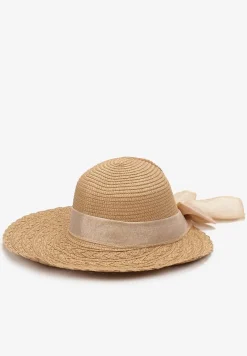 Beżowy Szeroki Kapelusz Pleciony z Kokardą i Wycięciem Flarea