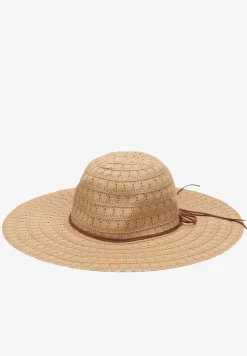 Beżowy Szeroki Kapelusz Pleciony z Ozdobnym Wiązaniem Stellan