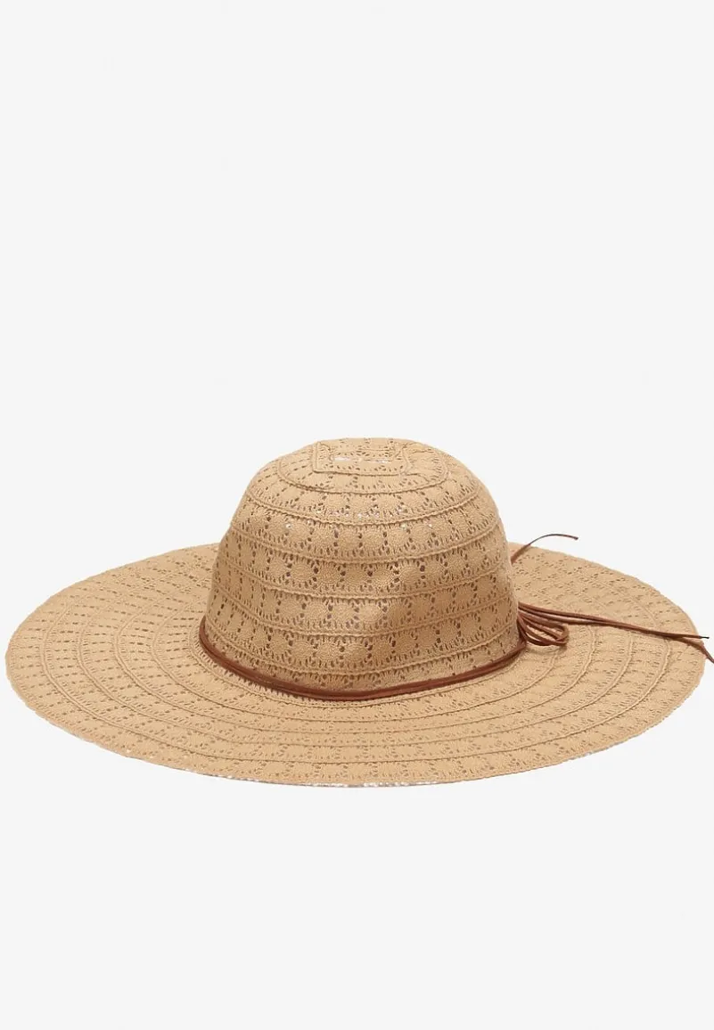 Beżowy Szeroki Kapelusz Pleciony z Ozdobnym Wiązaniem Stellan