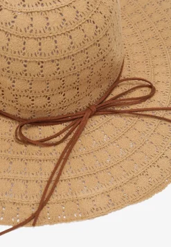 Beżowy Szeroki Kapelusz Pleciony z Ozdobnym Wiązaniem Stellan