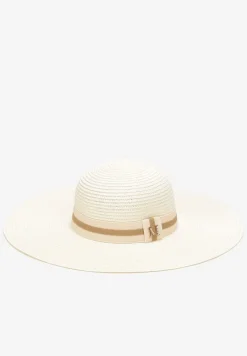Beżowy Szeroki Kapelusz Słomiany z Ozdobą w Cyrkonie Jazzed