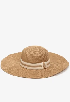 Beżowy Szeroki Kapelusz Słomiany z Ozdobą w Cyrkonie Jazzed