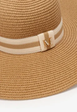 Beżowy Szeroki Kapelusz Słomiany z Ozdobą w Cyrkonie Jazzed