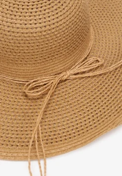 Beżowy Szeroki Kapelusz z Plecionki Ozdobiony Wiązaniem Anothy