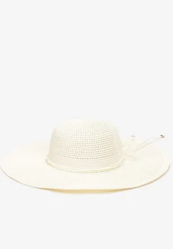 Beżowy Szeroki Kapelusz z Plecionki Ozdobiony Wiązaniem Anothy