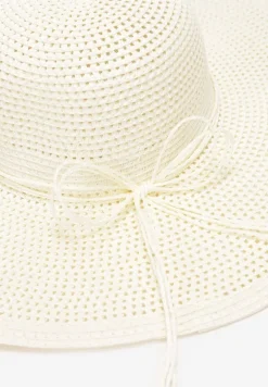 Beżowy Szeroki Kapelusz z Plecionki Ozdobiony Wiązaniem Anothy
