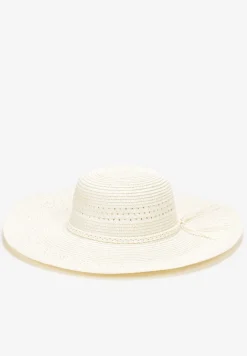 Beżowy Szeroki Kapelusz z Plecionki z Dodatkowymi Rzemykami Dorinemia