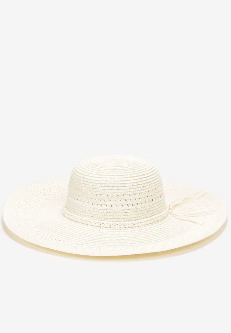 Beżowy Szeroki Kapelusz z Plecionki z Dodatkowymi Rzemykami Dorinemia