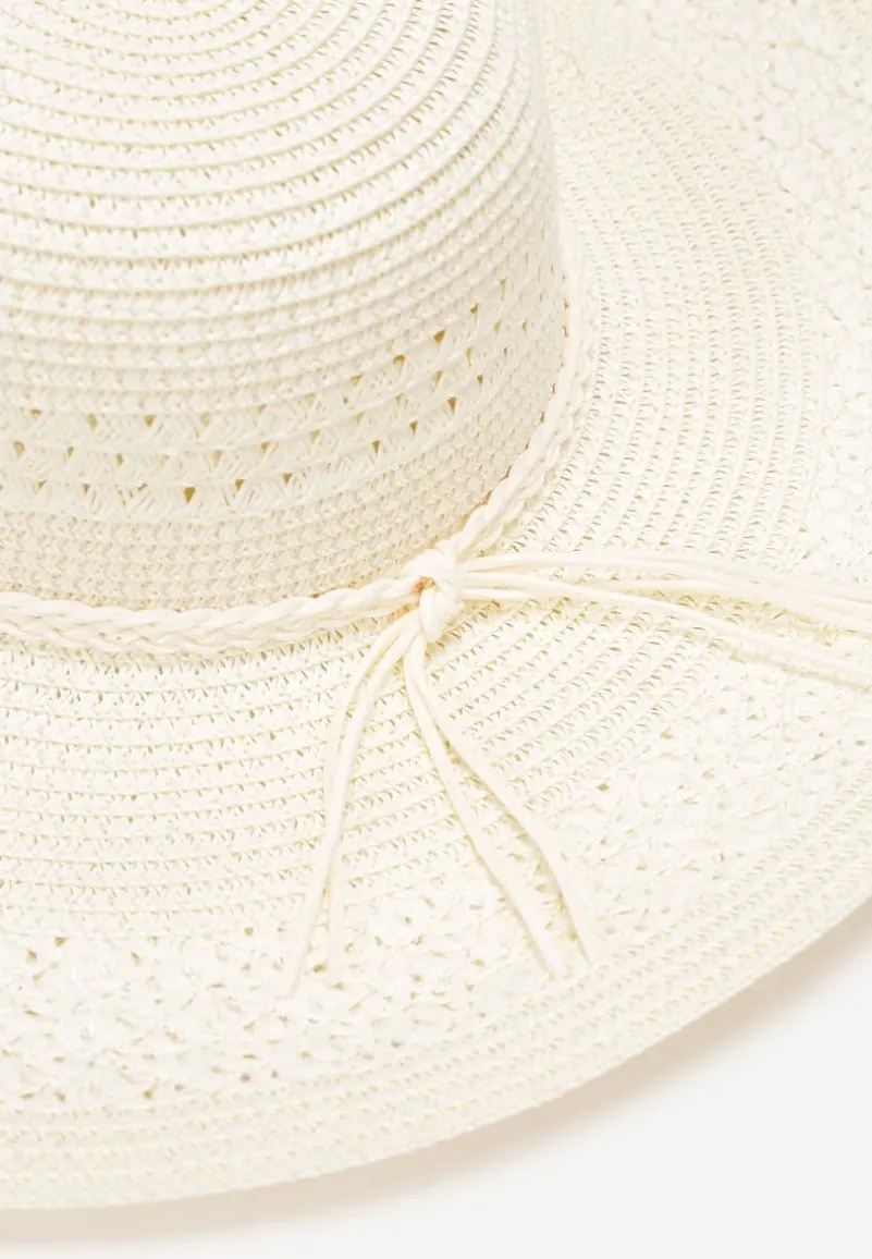 Beżowy Szeroki Kapelusz z Plecionki z Dodatkowymi Rzemykami Dorinemia