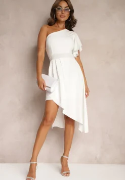 Biała Asymetryczna Sukienka Wieczorowa na Jedno Ramię Ozdobiona Falbankami Vimasira