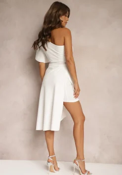 Biała Asymetryczna Sukienka Wieczorowa na Jedno Ramię Ozdobiona Falbankami Vimasira