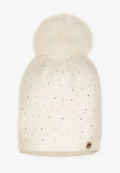 Biała Czapka z Wiskozą z Futrzanym Pomponem i Cyrkoniowym Zdobieniem Jackitha