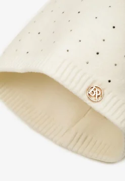 Biała Czapka z Wiskozą z Futrzanym Pomponem i Cyrkoniowym Zdobieniem Jackitha