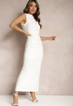 Biała Dopasowana Sukienka Maxi z Marszczeniami Aeriessa