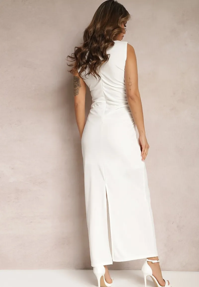 Biała Dopasowana Sukienka Maxi z Marszczeniami Aeriessa