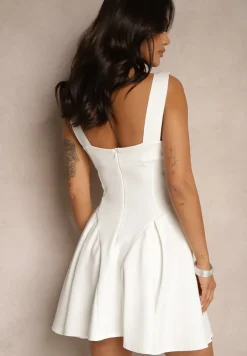 Biała Gorsetowa Sukienka o Rozkloszowanym Kroju na Ramiączkach Tasami