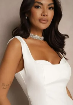 Biała Gorsetowa Sukienka o Rozkloszowanym Kroju na Ramiączkach Tasami