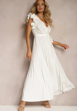 Biała Kopertowa Sukienka z Gumką w Pasie i Materiałowym Paskiem Ozdobiona Falbankami Tiamatalia