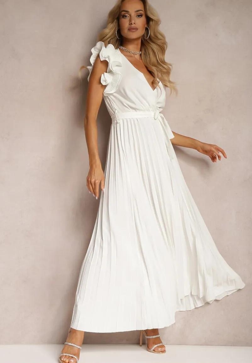 Biała Kopertowa Sukienka z Gumką w Pasie i Materiałowym Paskiem Ozdobiona Falbankami Tiamatalia