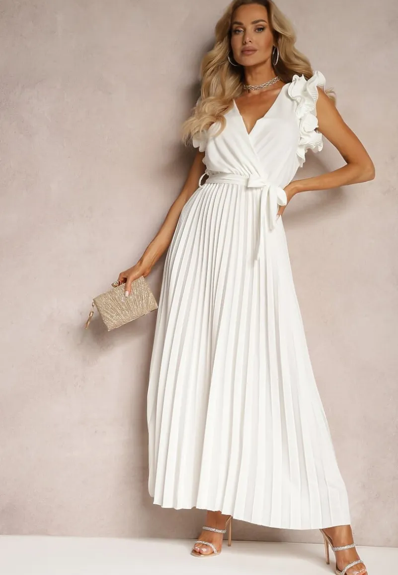 Biała Kopertowa Sukienka z Gumką w Pasie i Materiałowym Paskiem Ozdobiona Falbankami Tiamatalia