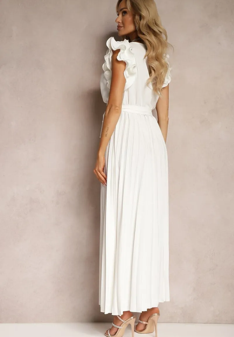 Biała Kopertowa Sukienka z Gumką w Pasie i Materiałowym Paskiem Ozdobiona Falbankami Tiamatalia