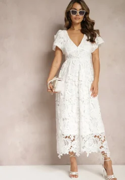Biała Koronkowa Sukienka Koktajlowa z Głębokim Trójkątnym Dekoltem Wrenna