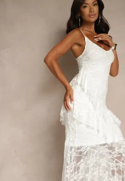 Biała Koronkowa Sukienka na Ramiączkach Ozdobiona Falbankami Silurelle