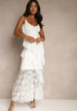 Biała Koronkowa Sukienka na Ramiączkach Ozdobiona Falbankami Silurelle