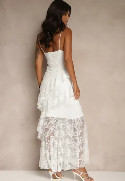 Biała Koronkowa Sukienka na Ramiączkach Ozdobiona Falbankami Silurelle