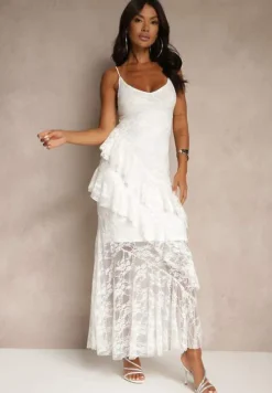 Biała Koronkowa Sukienka na Ramiączkach Ozdobiona Falbankami Silurelle